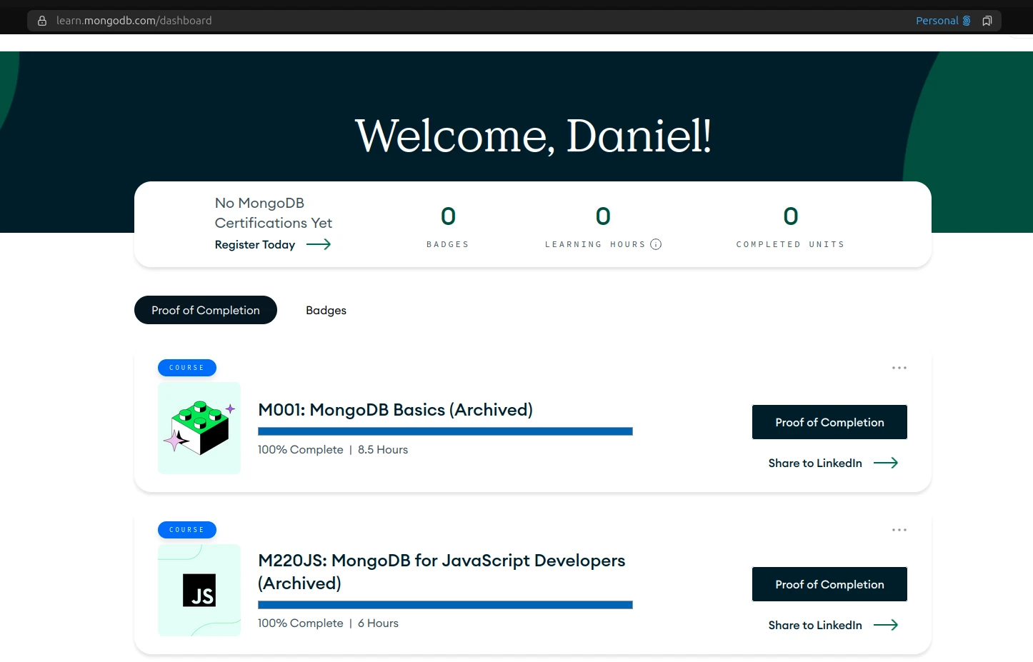 Proof of completion of MongoDB University course